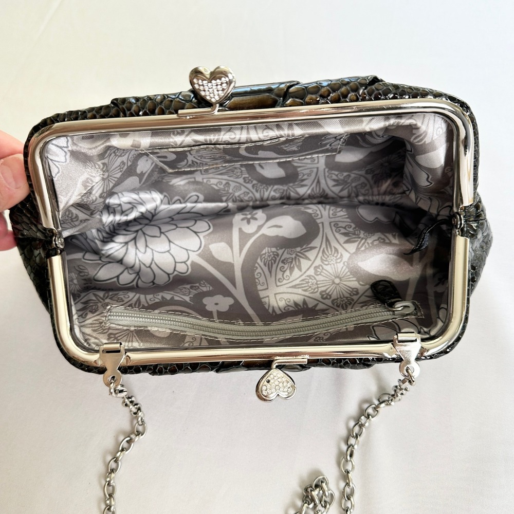 Brighton Clutch Purse Snakeskin Embossed Silver Chain Heart Clasp Evening Bag - Picture 9 of 10